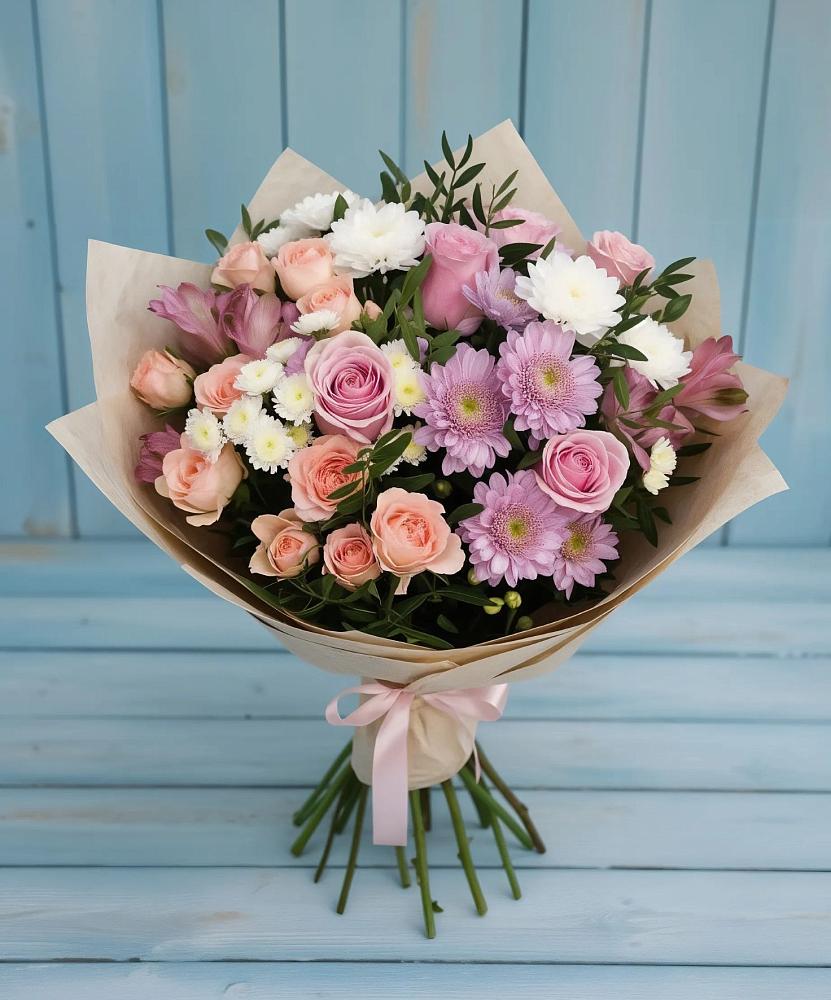 Букет цветов из: Хризантемы, Розы и Альстромерии в Дружбе