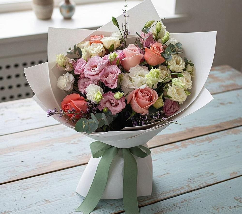 Букет цветов из: Розы, Лизиантусы и Гвоздики в Дружбе