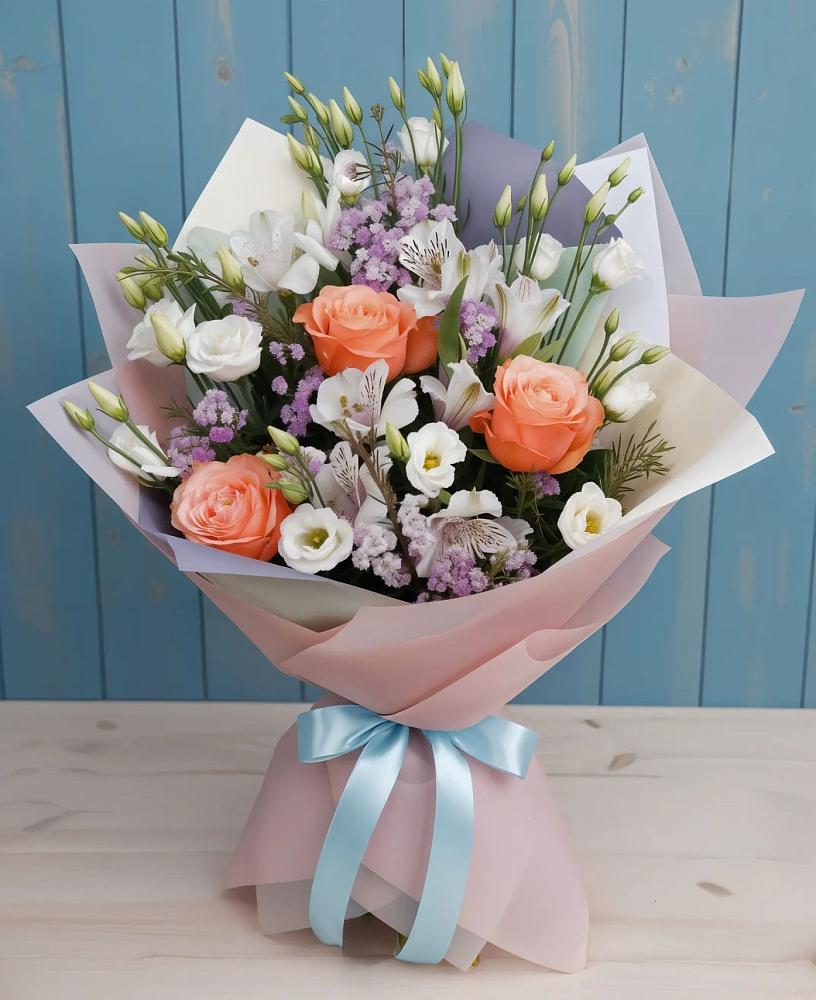 Букет цветов из: Лизиантусы, Розы, Альстромерии и Гипсофила в Дружбе