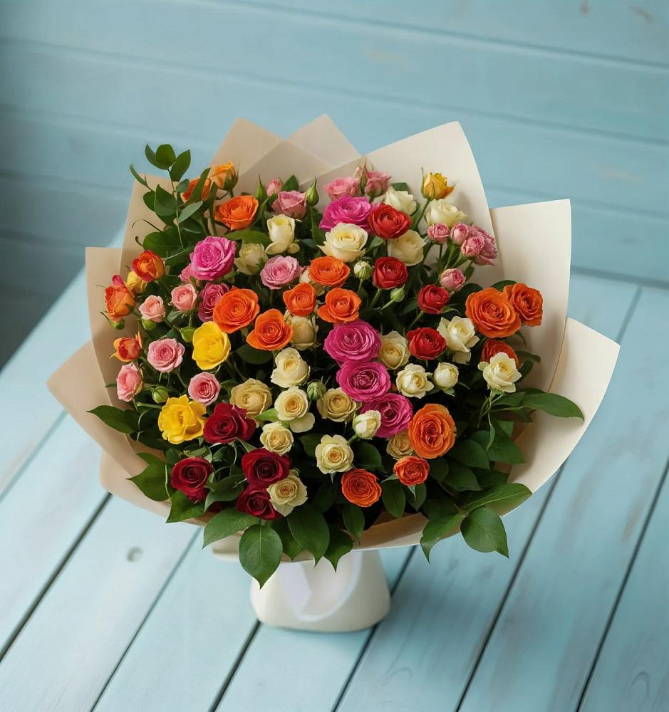 Букет Микс из разноцветных кустовых роз в Дружбе