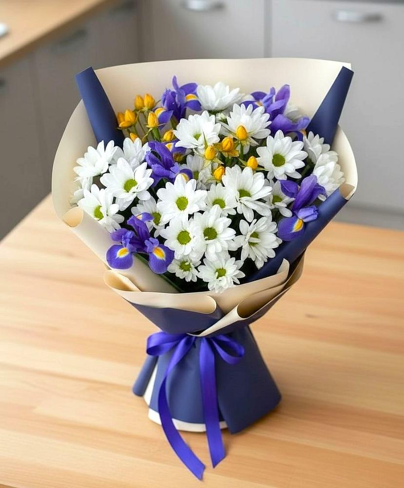 Букет цветов из: Розы, Ирисы и Хризантемы в Дружбе