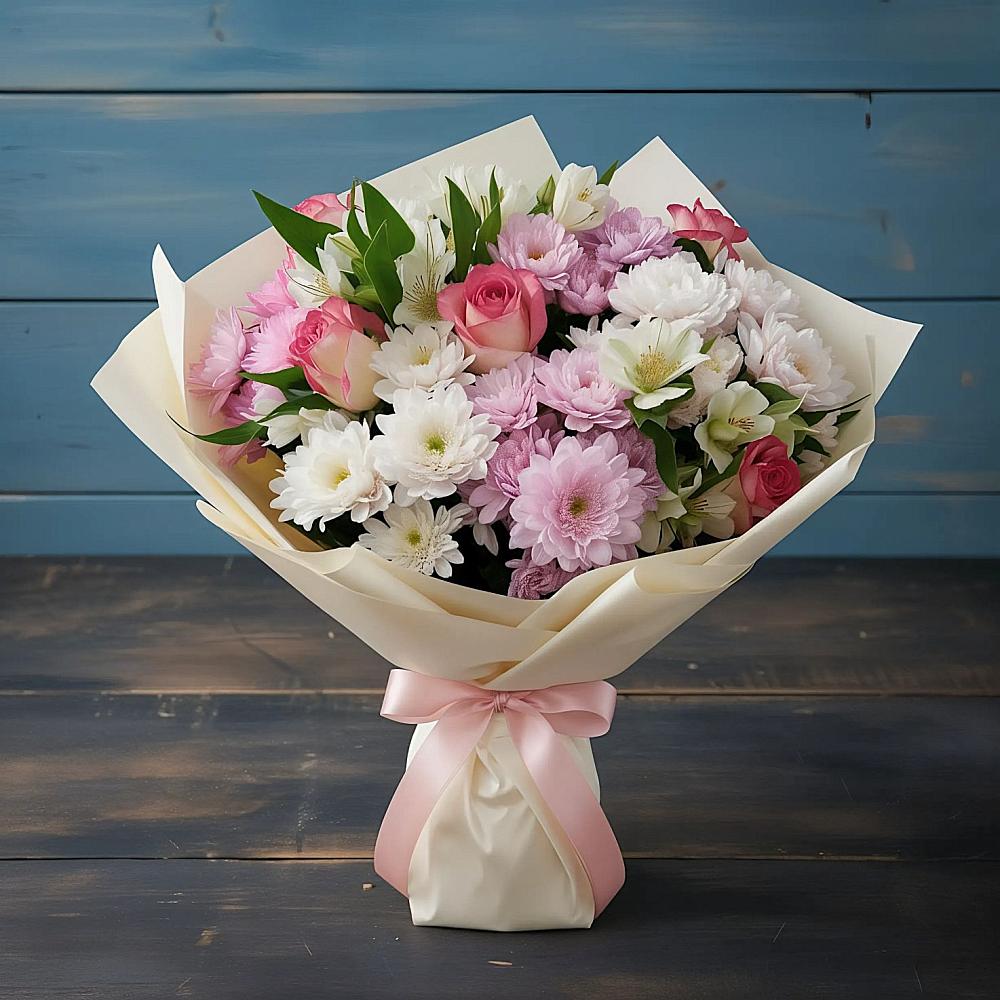 Букет цветов из: Хризантемы, Альстромерии и Розы в Дружбе